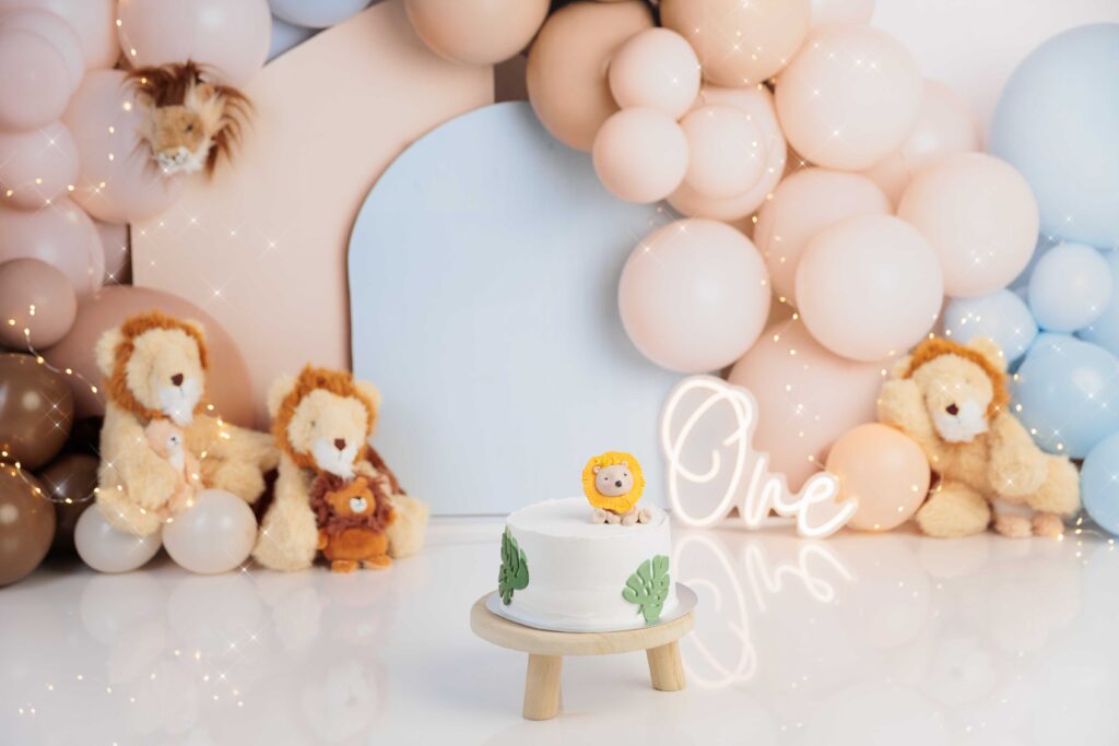 ballonnenboog met borden en leeuwtjes cakesmash